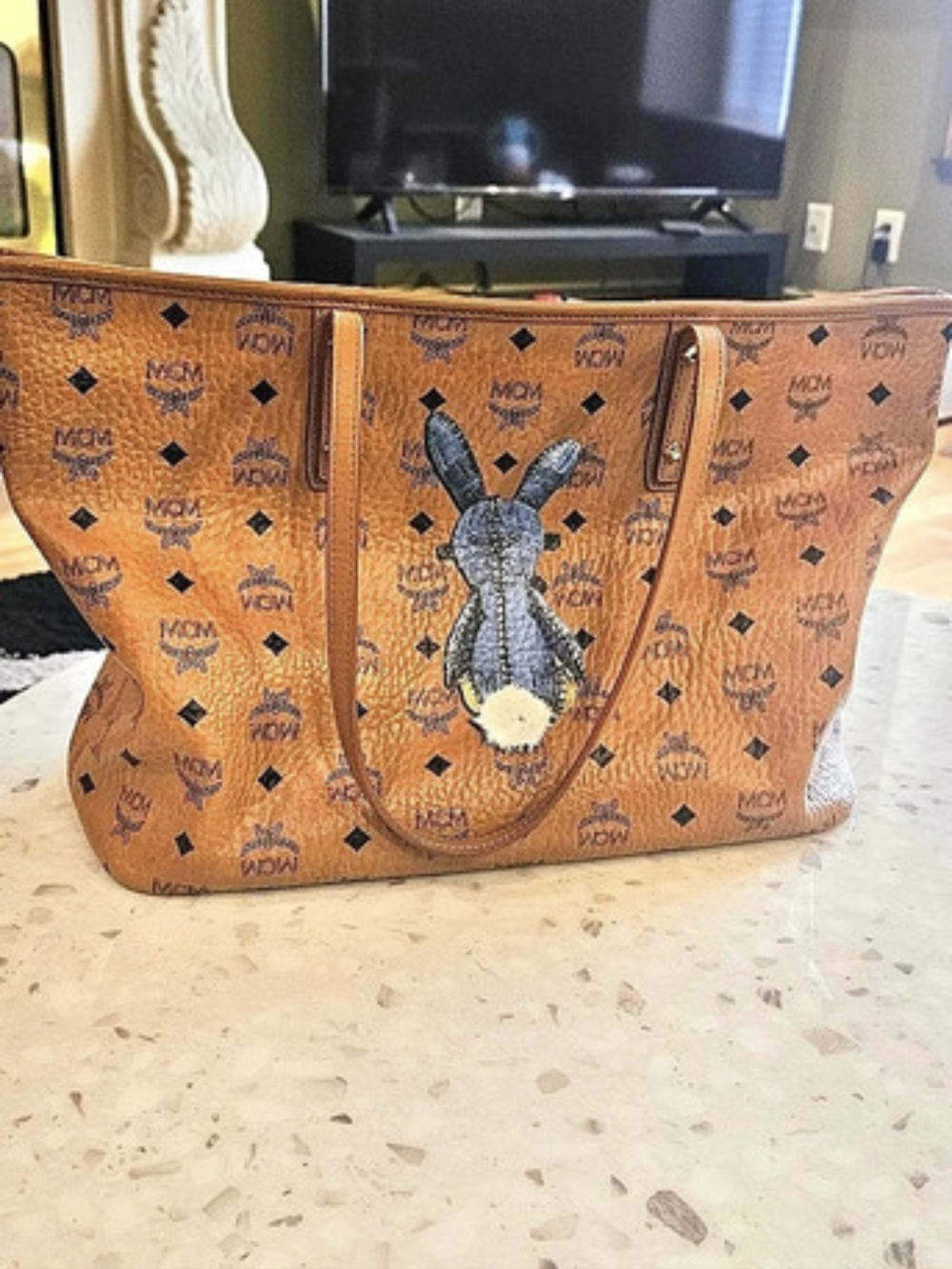 MCM Visetos Rabbit Top Zip Shopper Tote Brown & Black